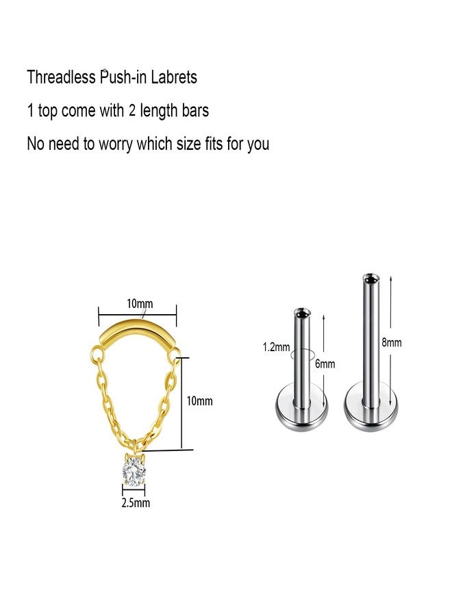 BelezaDosas G23 Titanium Labret Studs Threadless Push-in Labret Press Fit 16G Cluster Helix Lobe Conch Tragus Push Back Piercing Jewelry (gold chain CZ) - Image 2